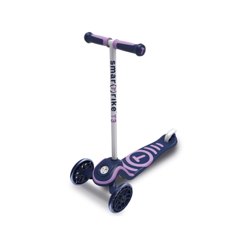Children's kick scooter with purple handlebar grips, dark blue deck, three wheels