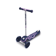 Children's kick scooter with purple handlebar grips, dark blue deck, three wheels