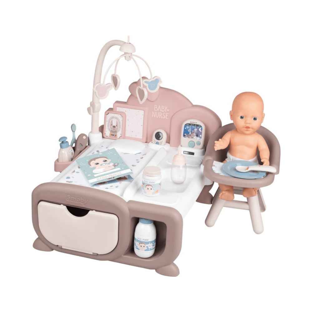 Baby Nurse Spielset: Wickel- und Essbereich mit Puppe im Hochstuhl, rosa