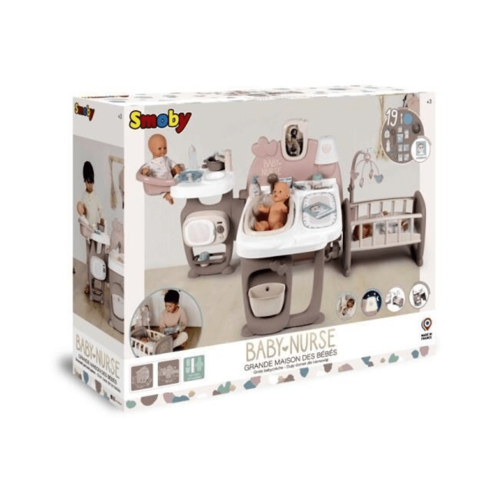Smoby Baby Nurse Spielset, Verpackung mit Puppenhaus und Zubehör, rosa-grau