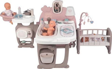 Baby Nurse Spielset mit Zubehör: Tisch, Bettchen und Wiege, rosa-grau