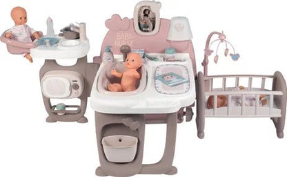 Baby Nurse Spielset mit Zubehör: Tisch, Bettchen und Wiege, rosa-grau