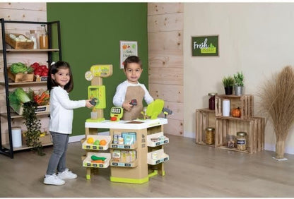 Fresh Market play grocery store with checkout counter and shelves