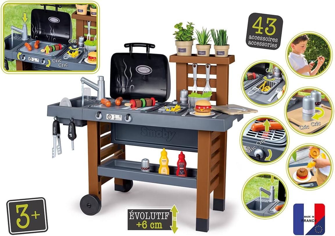 Kids garden kitchen play grill: black hood, burners, and cooking accessories