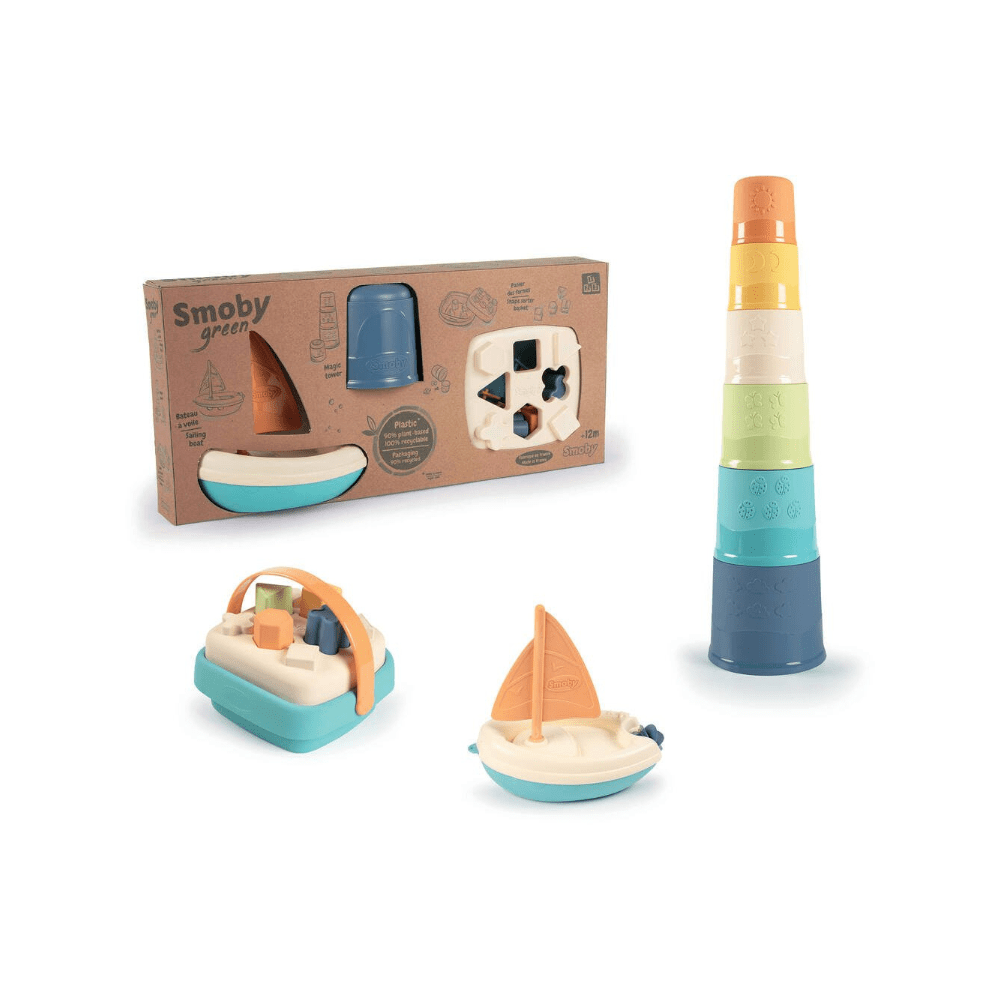 Kids bath set with sailboat toy, blue base, and stacked color sprayer