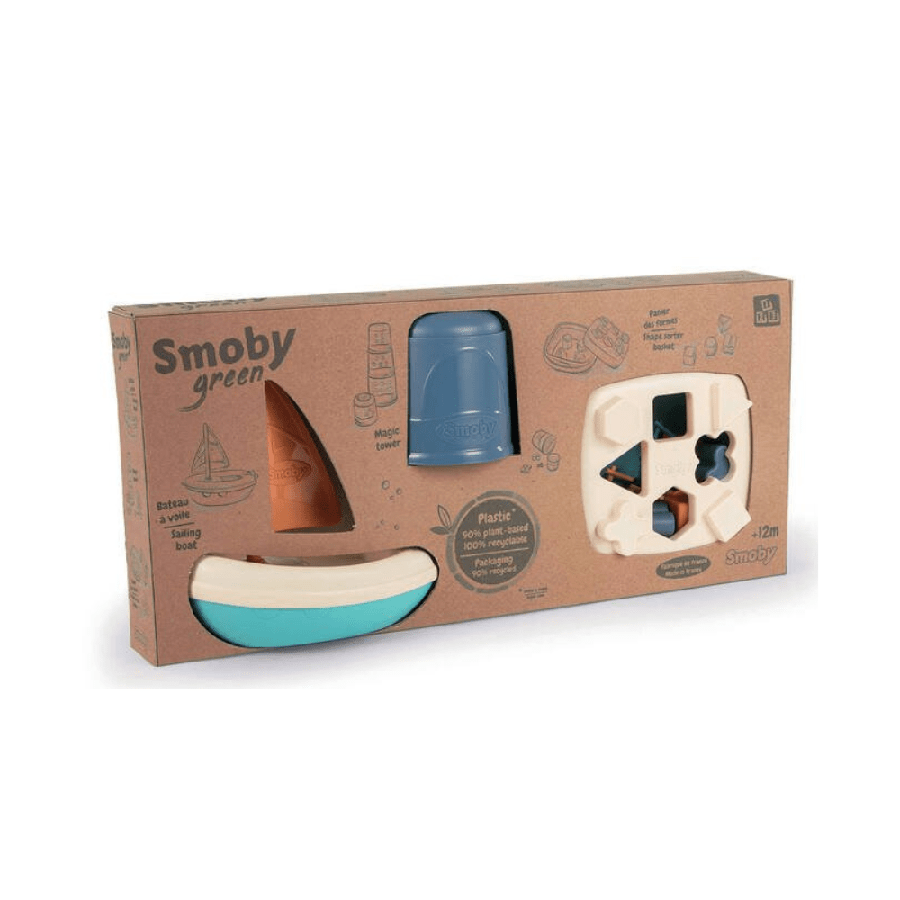 Kids bath set box with blue sprayer and white sailboat pieces