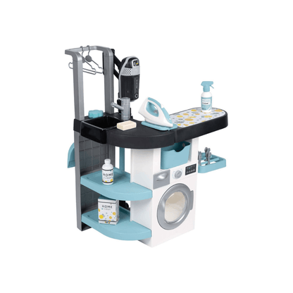 Child-size laundry station playset with toy washer, iron, soap bottles and drying rack