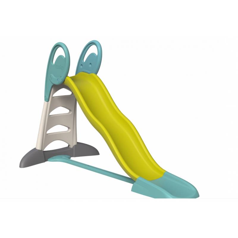 Playground slide with teal ladder and lime green slide, light gray steps