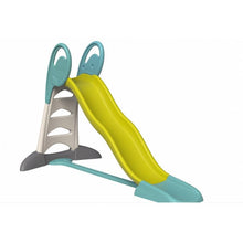 Playground slide with teal ladder and lime green slide, light gray steps