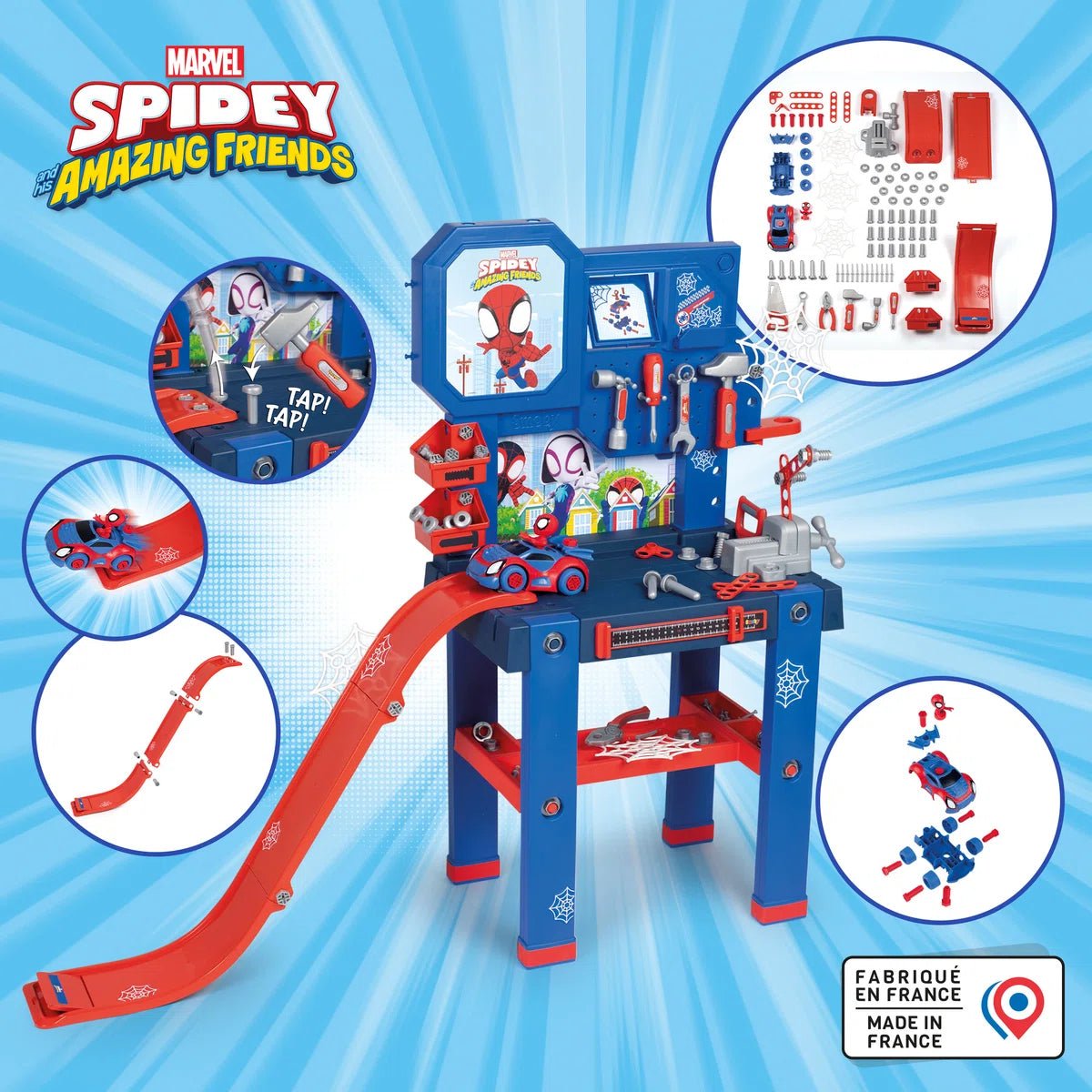 Blue and red Spidey workbench playset with tools on panel and red slide
