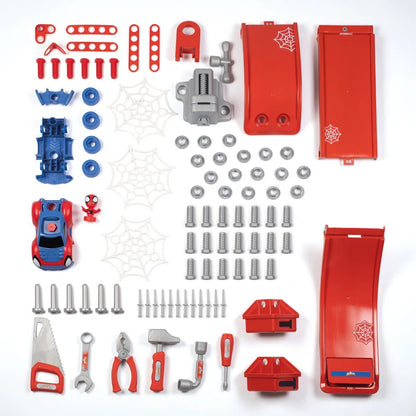 Spidey workbench accessory set with screws, tools, and red storage trays