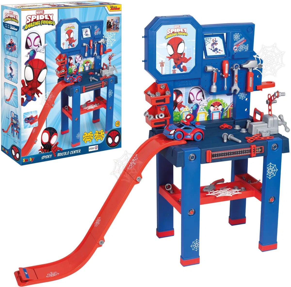 Blue and red Spidey workbench playset with tools, panel, and red slide in retail box