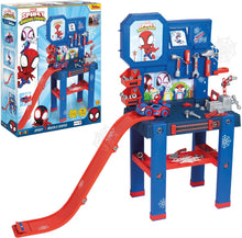 Blue and red Spidey workbench playset with tools, panel, and red slide in retail box