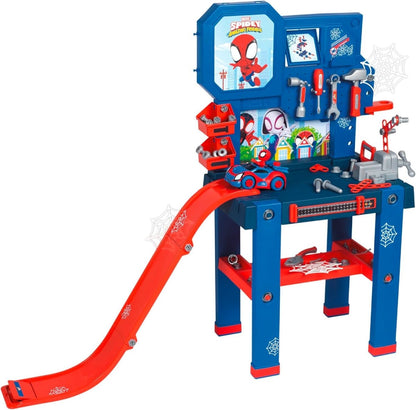 Blue and red Spidey workbench playset with tool panel, shelves, and red slide