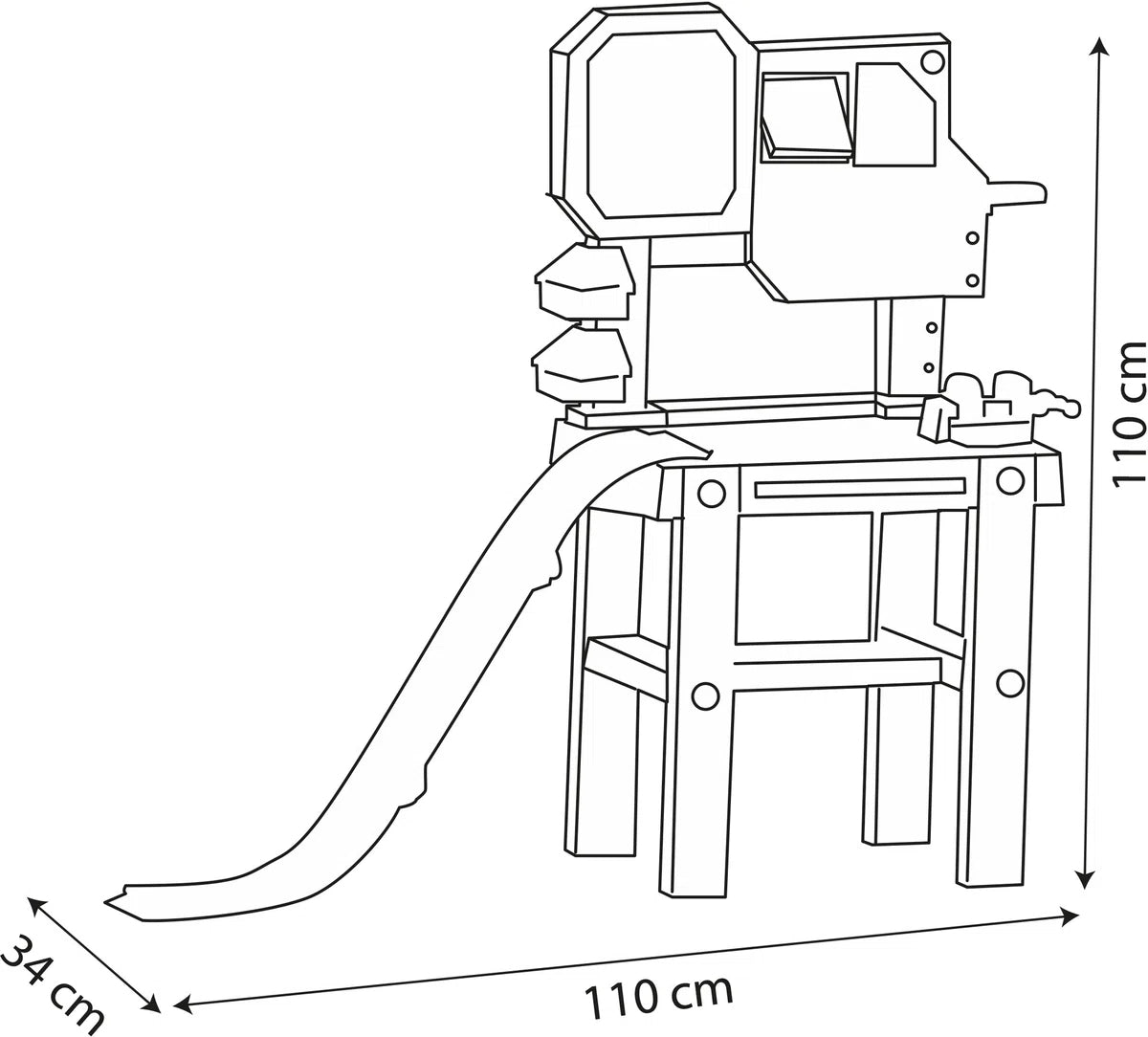 Spidey workbench toy line drawing with red slide, 110 cm wide, 34 cm deep, 10 cm tall