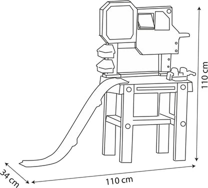 Spidey workbench toy line drawing with red slide, 110 cm wide, 34 cm deep, 10 cm tall