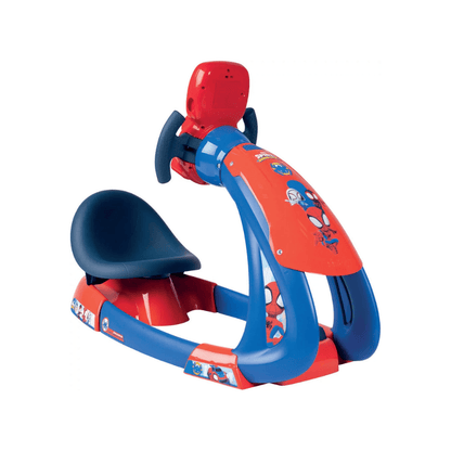 Spidey-themed ride-on toy scooter, red and blue bucket seat with front handlebar