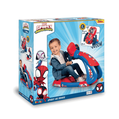 Spidey V8 Driver ride-on toy scooter in retail box, blue and red Spidey graphics