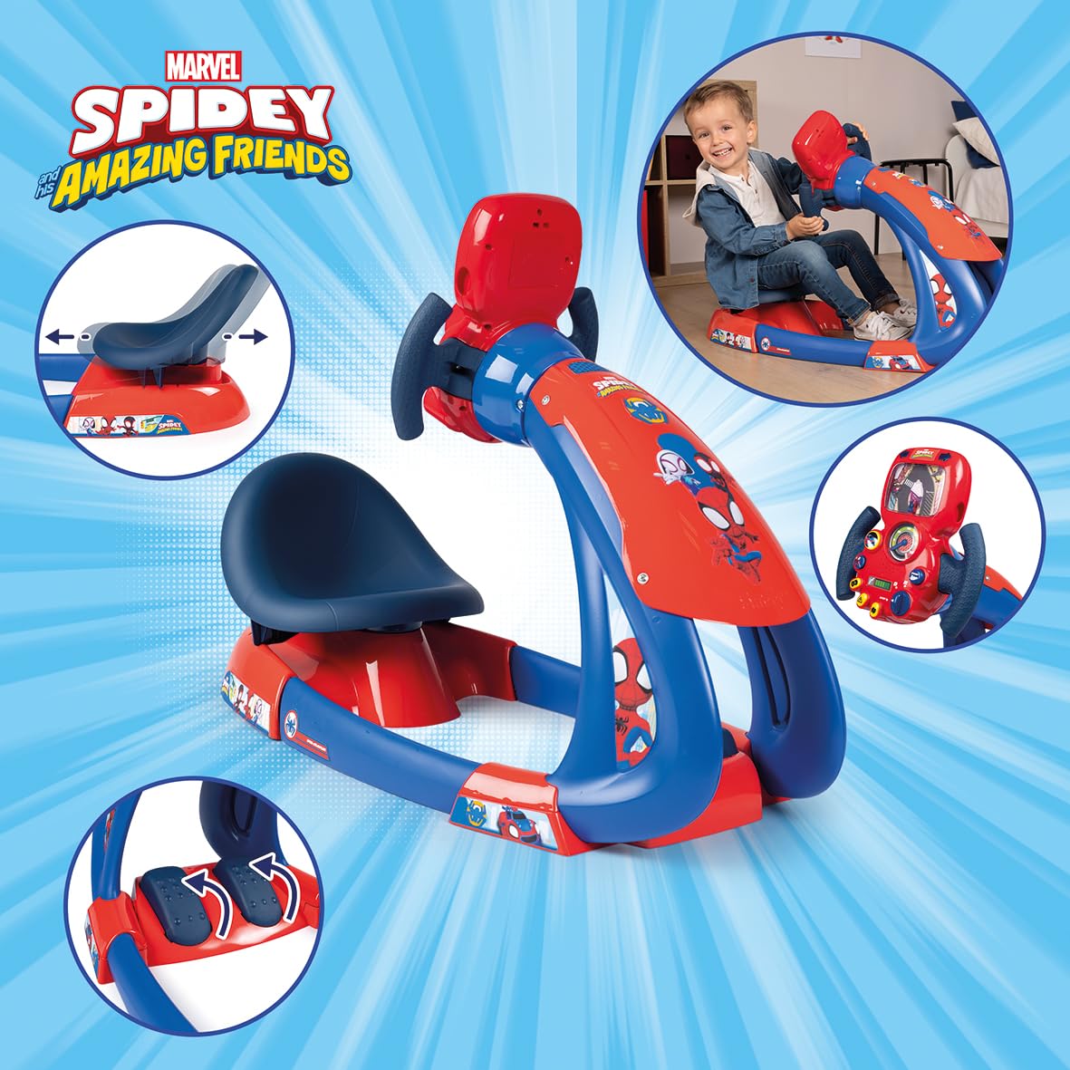 Spidey V8 Driver ride-on scooter with red headrest, blue body, and side-view feature callouts