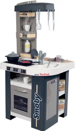 Tefal Studio Kitchen Spielküche, weiße Arbeitsplatte mit dunkler Front und Herd