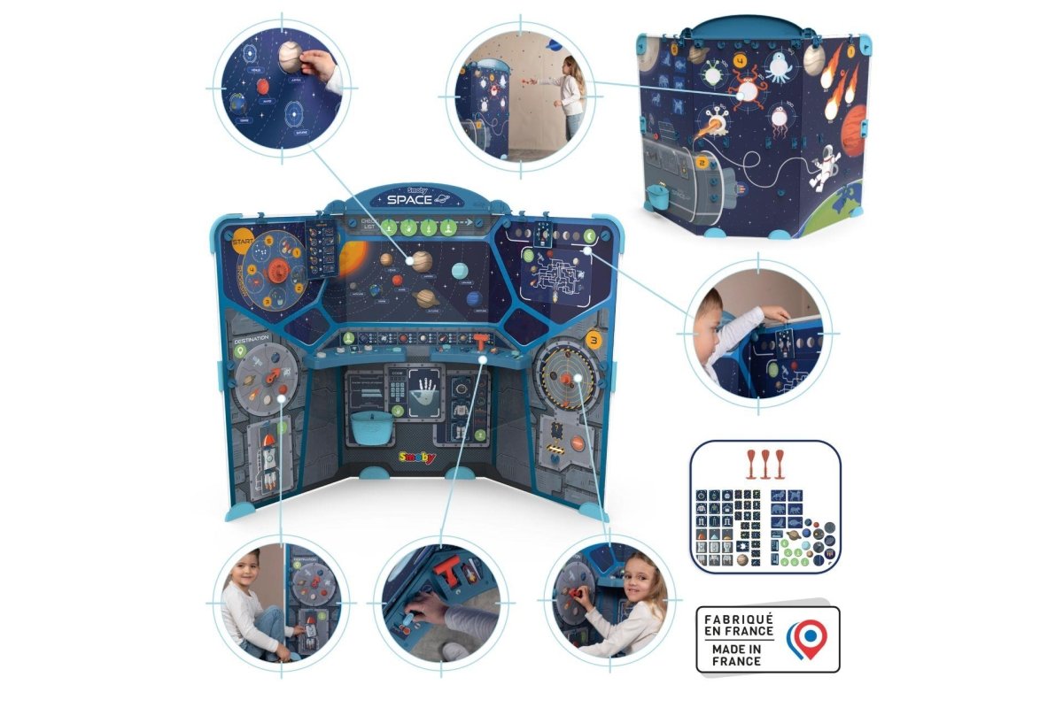 Fold-out spaceship cockpit playset with control panels and side activity doors