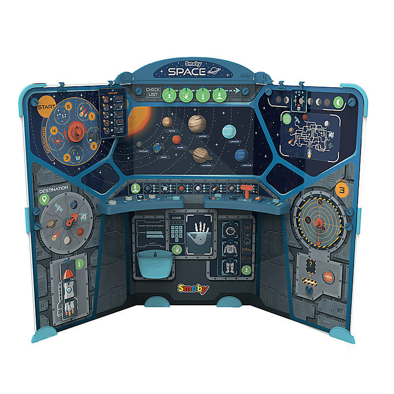 Fold-out spaceship cockpit interior with buttons, screens, and wheel details