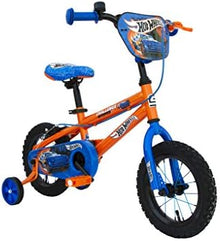 Hot Wheels 12-inch kids bicycle with blue and orange frame, black tires.
