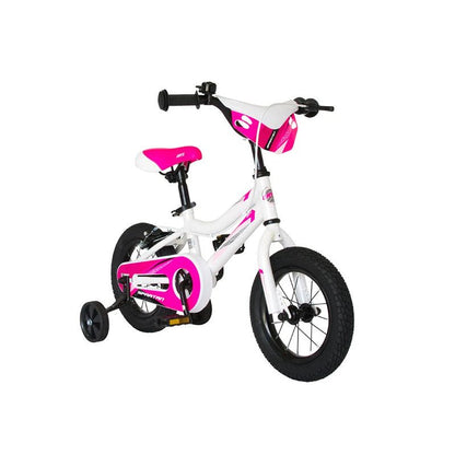 Oryx 12" bicycle, white frame with pink accents, black tires, training wheels