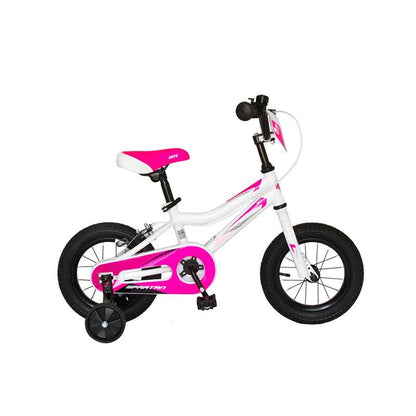 Oryx 12" bicycle, white frame with pink accents, black tires, angled front view