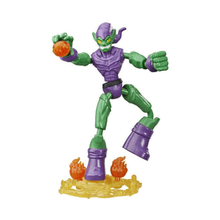 Green Goblin action figure in purple-and-green outfit, fists up, with flame-style base