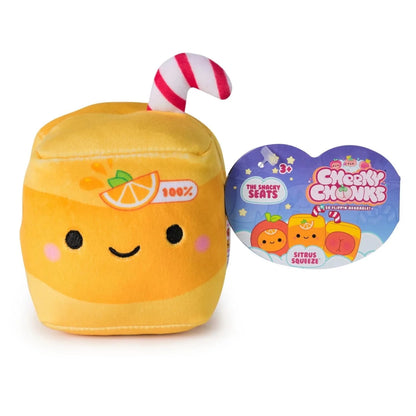 Yellow reversible plush with candy-cane striped cap and smiling face with citrus icon