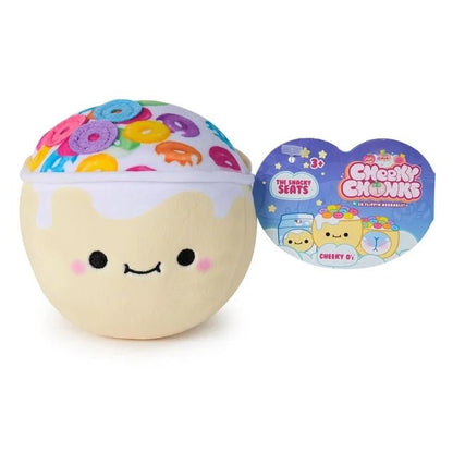 Cream reversible plush with colorful graphic top and smiling face
