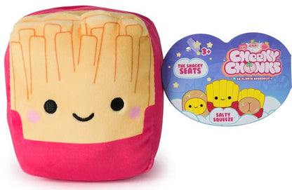 Pink and cream reversible plush cube with drip-style lines and smiling face