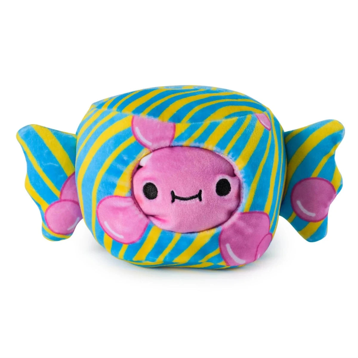 Blue and yellow striped reversible plush with pink bunny face and floppy ears