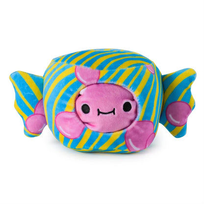 Blue and yellow striped reversible plush with pink bunny face and floppy ears