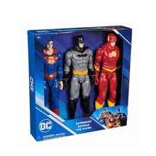 30 cm superhero action figure set box with Superman, Batman, and Flash figures