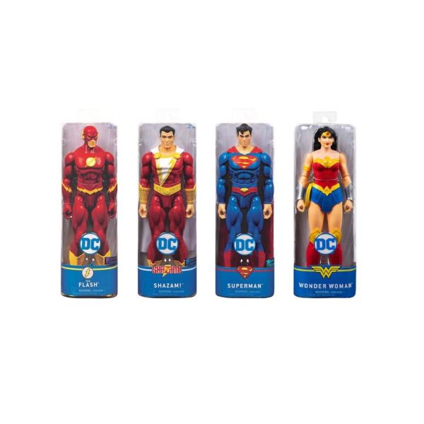 Four boxed superhero figures: Flash, Shazam, Superman, and Wonder Woman