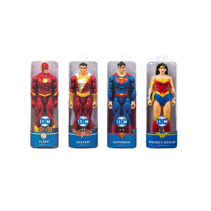 Four boxed superhero figures: Flash, Shazam, Superman, and Wonder Woman
