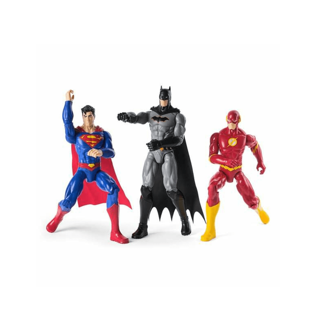 3 superhero action figures standing: blue Superman, gray Batman, red Flash