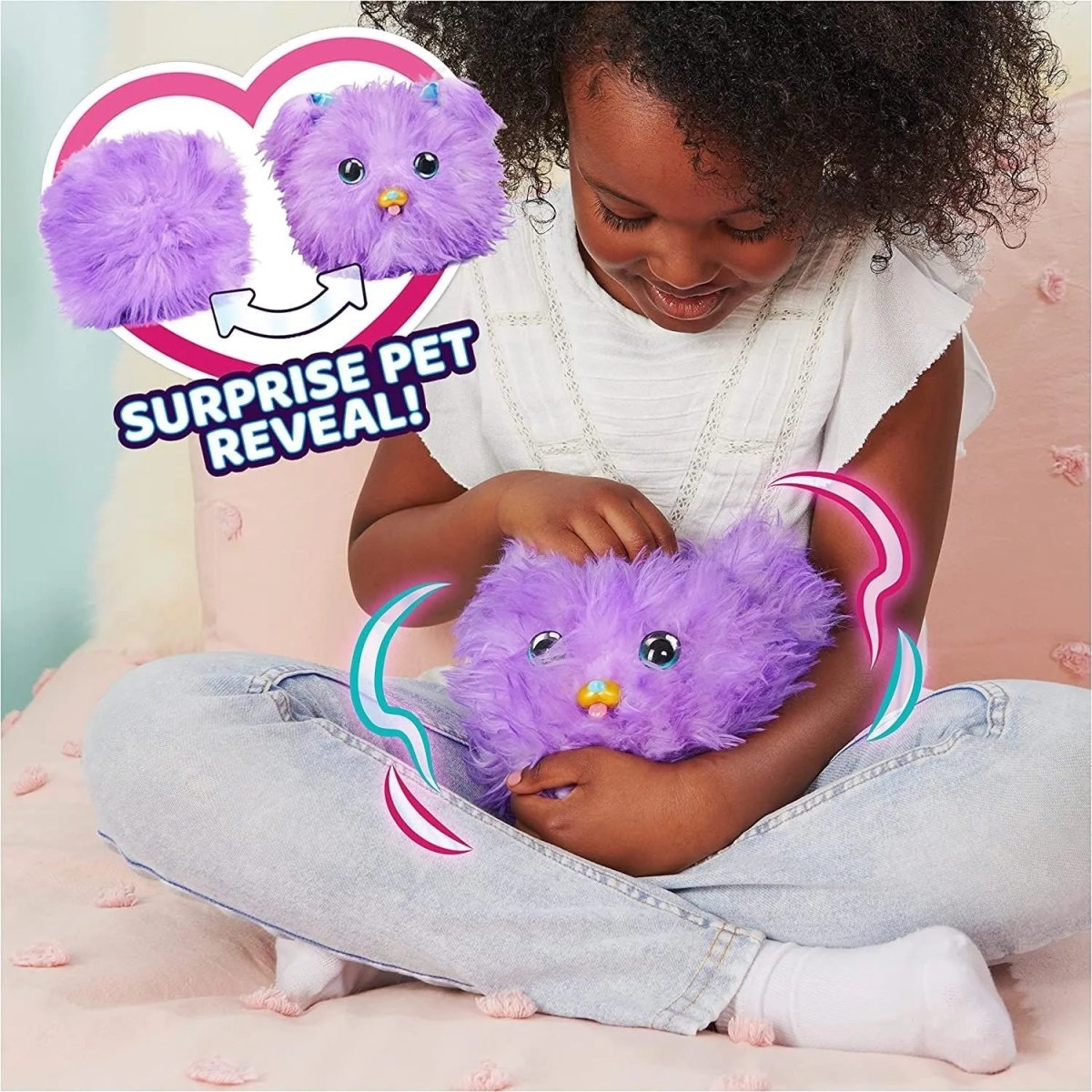 Purple plush interactive puppy being held, fluffy face with blue satin ears