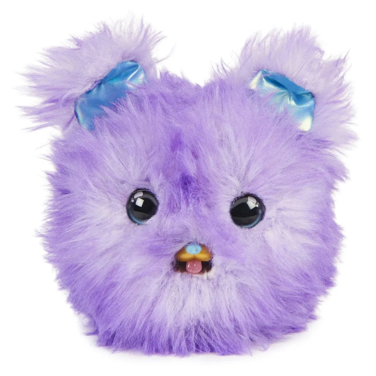 Purple plush interactive puppy with blue satin ears, shiny eyes, and yellow nose