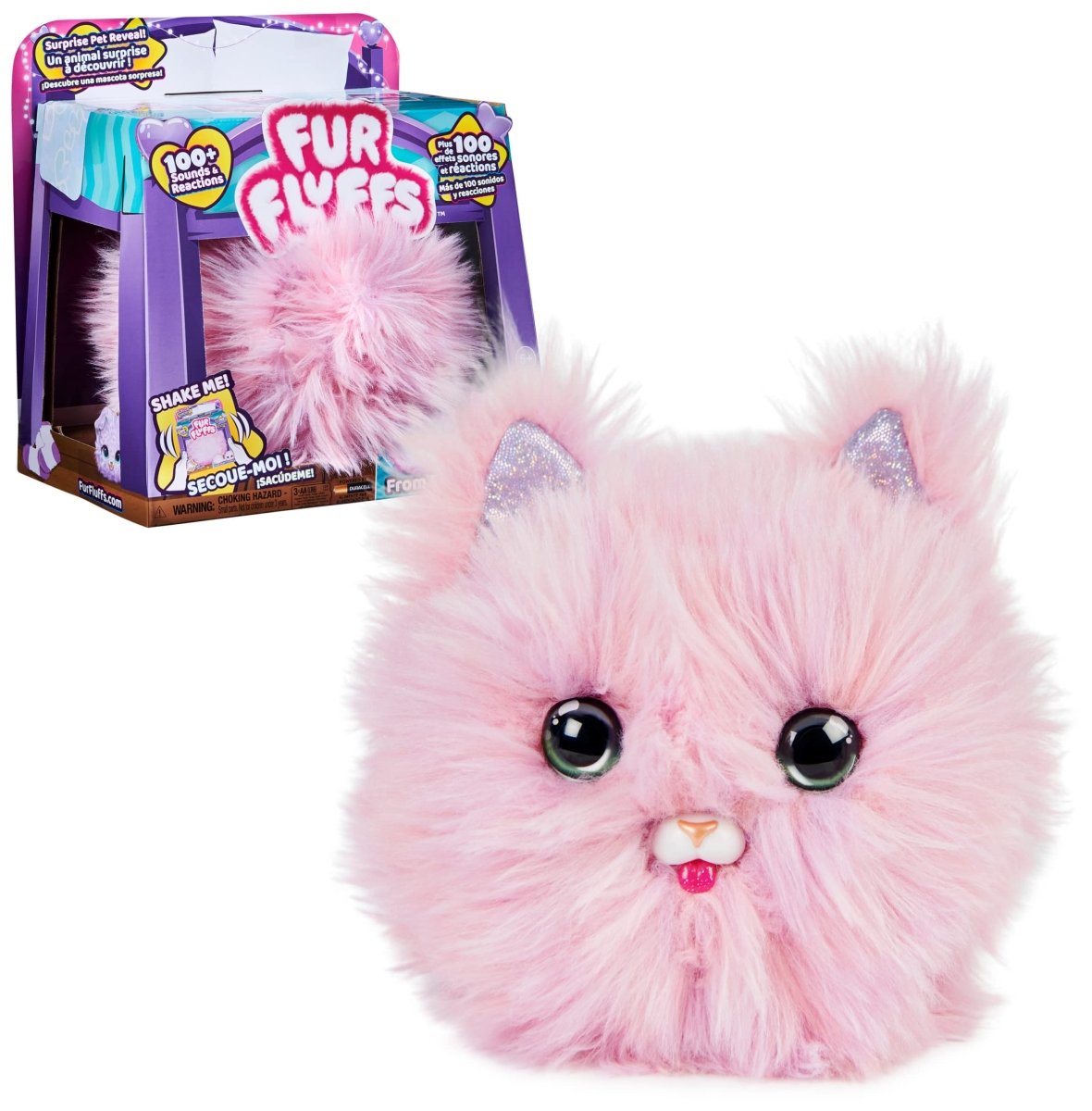 Pink fluffy interactive kitty pet with large black eyes and soft plush fur