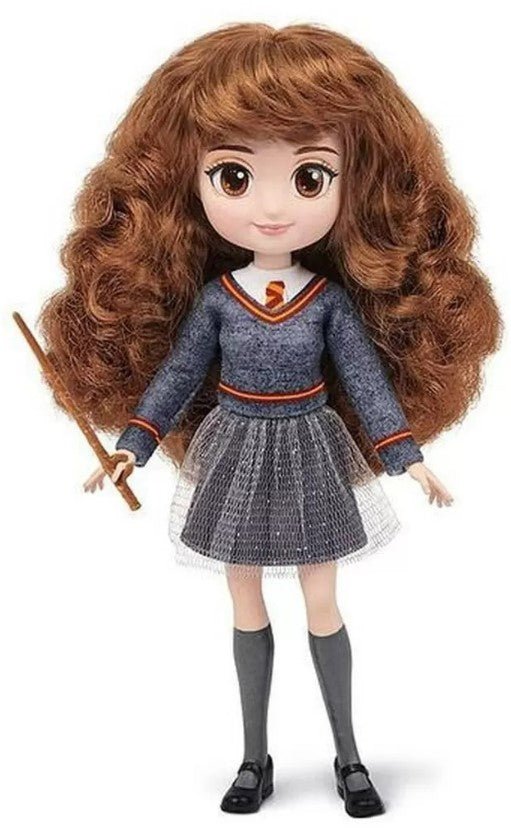 8-inch Hermione Granger doll with long brown wavy hair, blue dress, black boots
