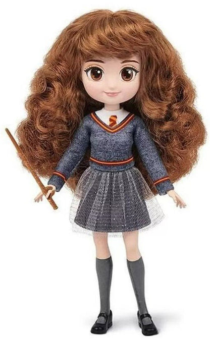 8-inch Hermione Granger doll with long brown wavy hair, blue dress, black boots