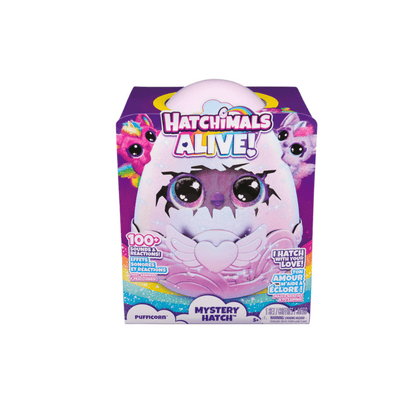 Hatchimals Alive Mystery Hatch retail box, featuring egg and face artwork