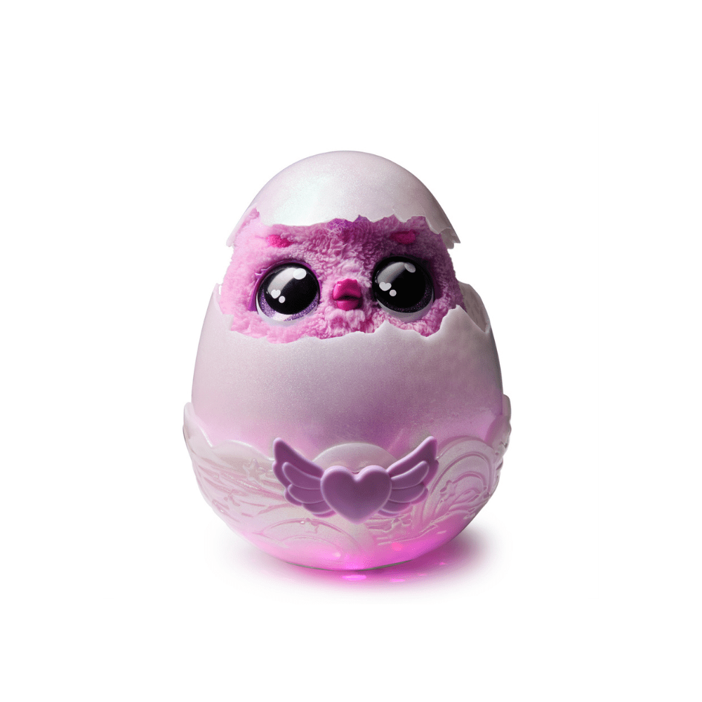 Hatching egg toy with glowing purple-pink face and heart wing emblem