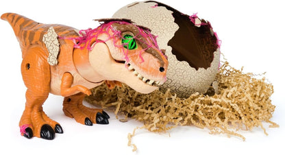 Hatching Dinosaur T‑Rex with cracked egg shell, open mouth and pink accents