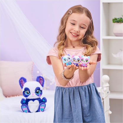Purple and white panda-roo plush toy with small baby-roo figure, held upright