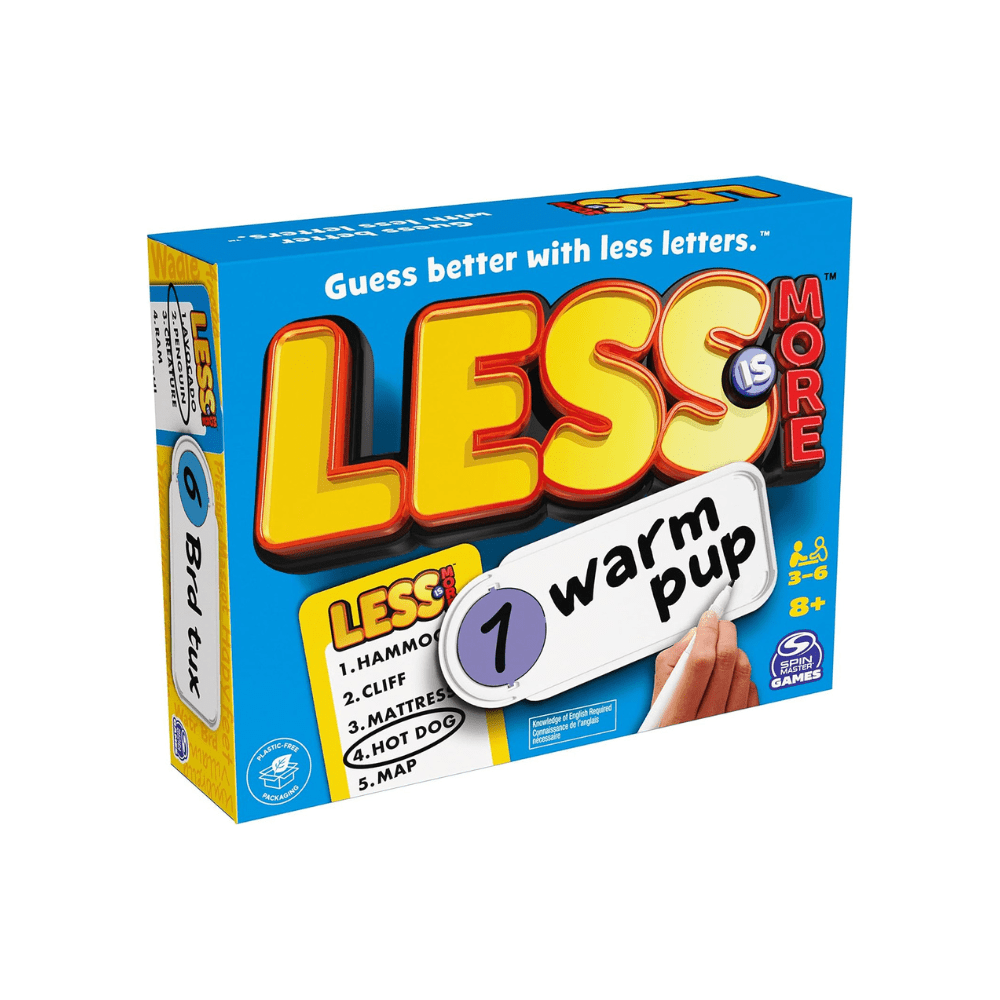 Letter guessing board game box, blue with large “LESS” title and word categories