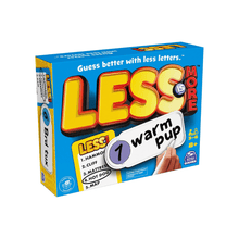 Letter guessing board game box, blue with large “LESS” title and word categories